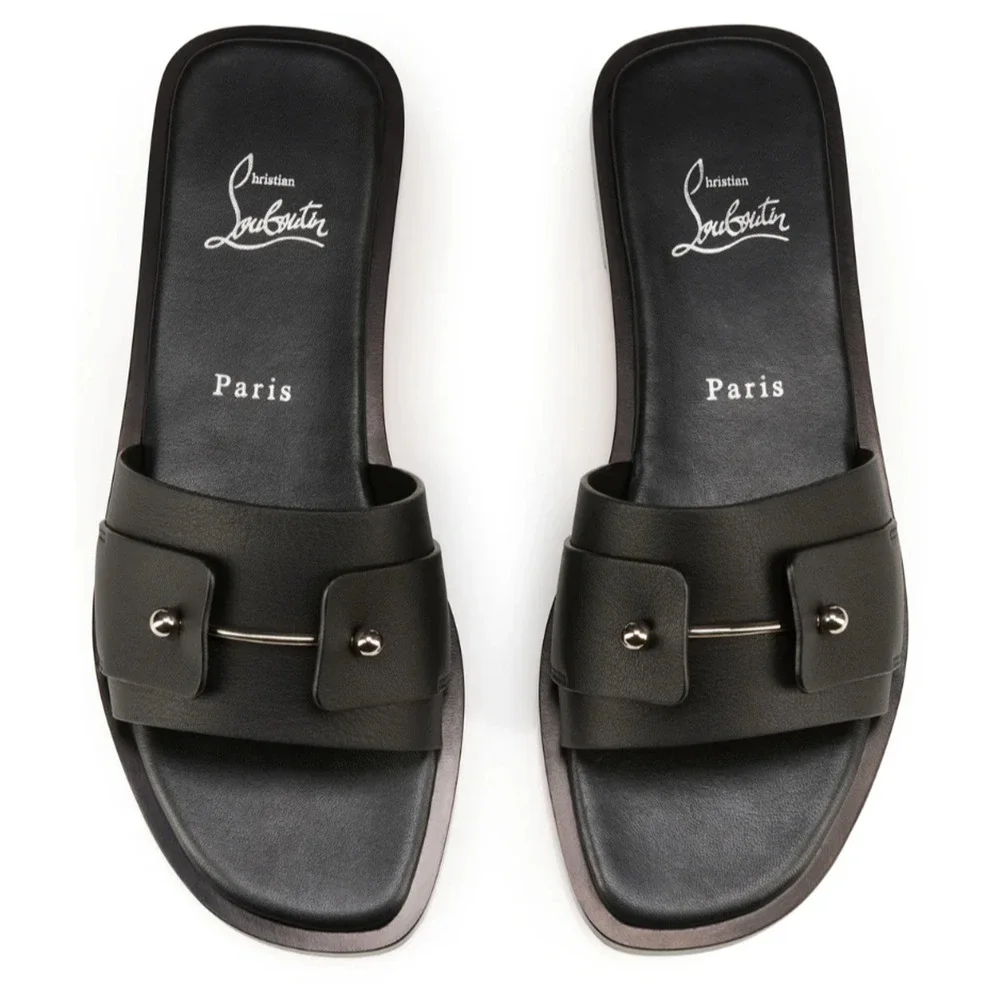 Christian Louboutin Chambelimule Donna Flat Black Calf Leather Slide Sandal 35